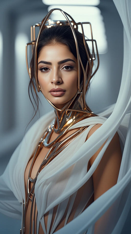 Baseerat Al-Rumayyan wearing a futuristic gold neck and head structure with flowing white fabric, standing in a softly lit modern corridor.