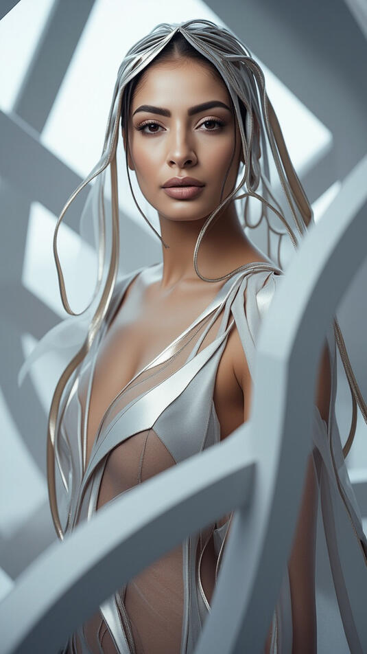 Baseerat Al-Rumayyan wearing a silver futuristic gown with sheer panels and metallic ribbon details, framed by abstract geometric architecture in a soft light setting.