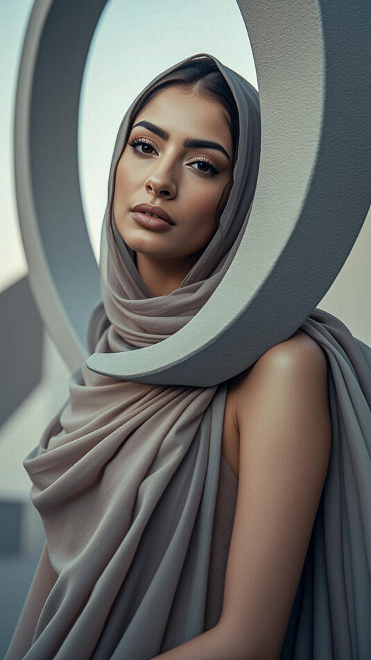 Baseerat Al-Rumayyan wearing flowing taupe fabric and a sculptural hood, framed by a large circular architectural element in a minimalist setting.