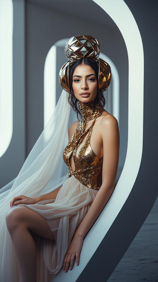 Baseerat Al-Rumayyan wearing a geometric gold headpiece and a sparkling gold top with a flowing sheer skirt, seated in a modern architectural archway with soft natural lighting.