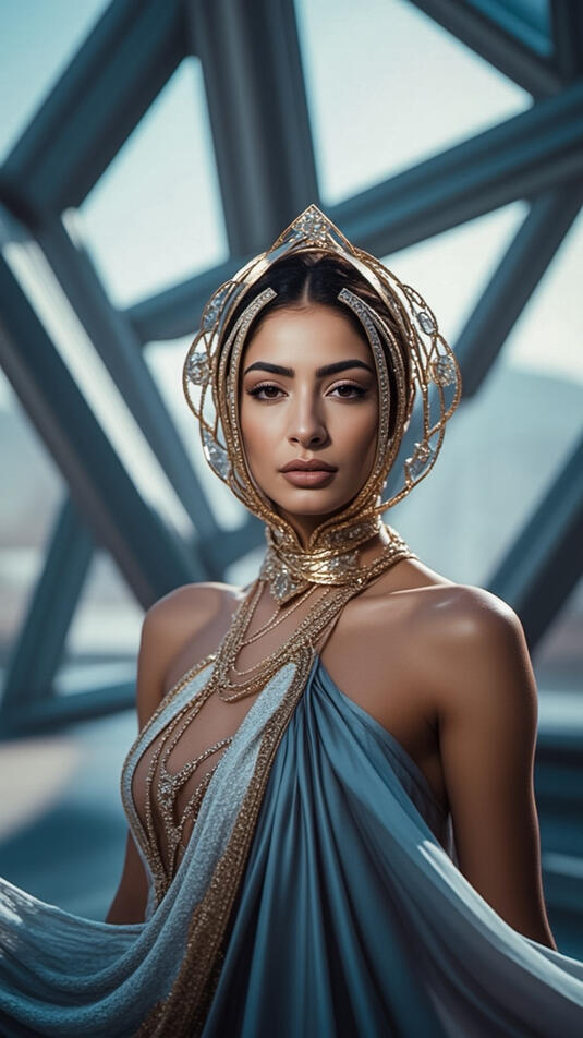 Baseerat Al-Rumayyan wearing an ornate gold and crystal headpiece with layered chains and a flowing sapphire blue gown, standing against a futuristic architectural backdrop.