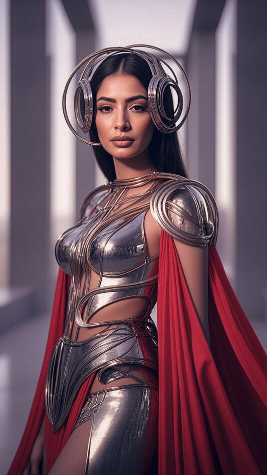 Baseerat Al-Rumayyan wearing a metallic sci-fi-inspired armor bodysuit with red cape accents, standing in a modern corridor with symmetrical light columns.