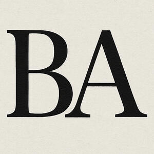 Elegant black and gold “BA” fav icon for a luxury personal brand Minimalist monogram logo featuring the initials “BA” in bold serif typography on a textured beige background, representing Baseerat Al-Rumayyan.