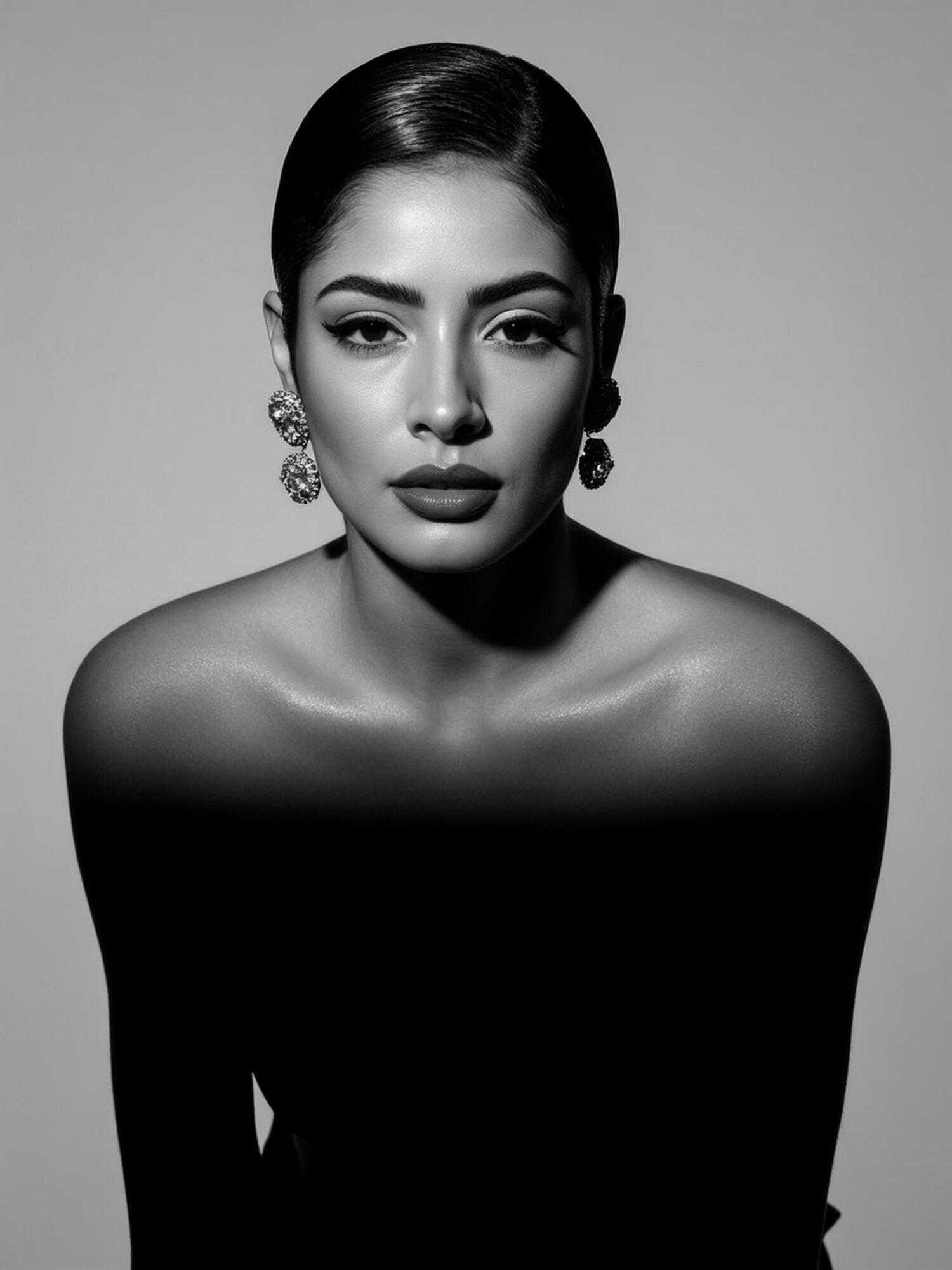 Poised Duality Baseerat Al- Rumayyan in a black and white photograph capturing a woman, emphasizing her expression and the contrast of light and shadow.